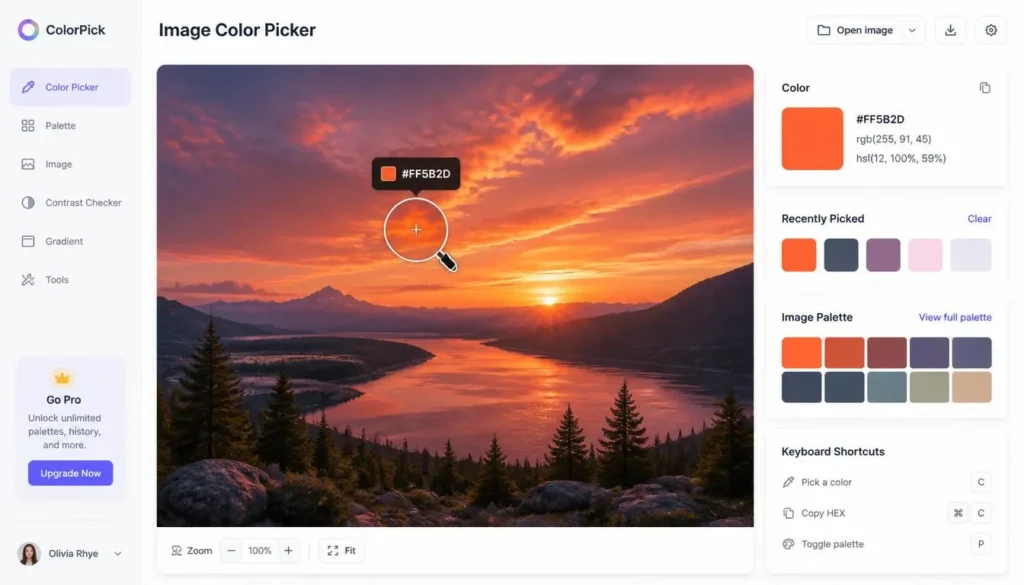 Image color picker tool extracting HEX code