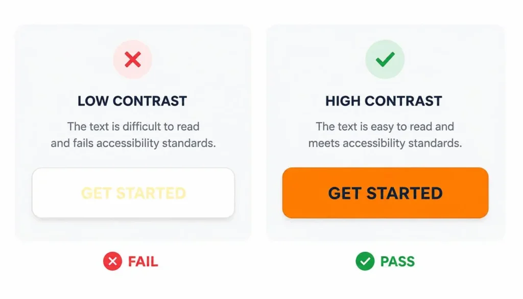 Color Theory Wheel: Complete 2026 Guide 4 UI mockup comparing passing and failing contrast