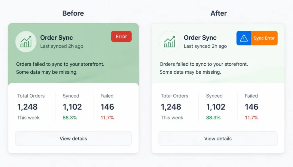 Before and after example of an accessible color palette fix for a UI status badge