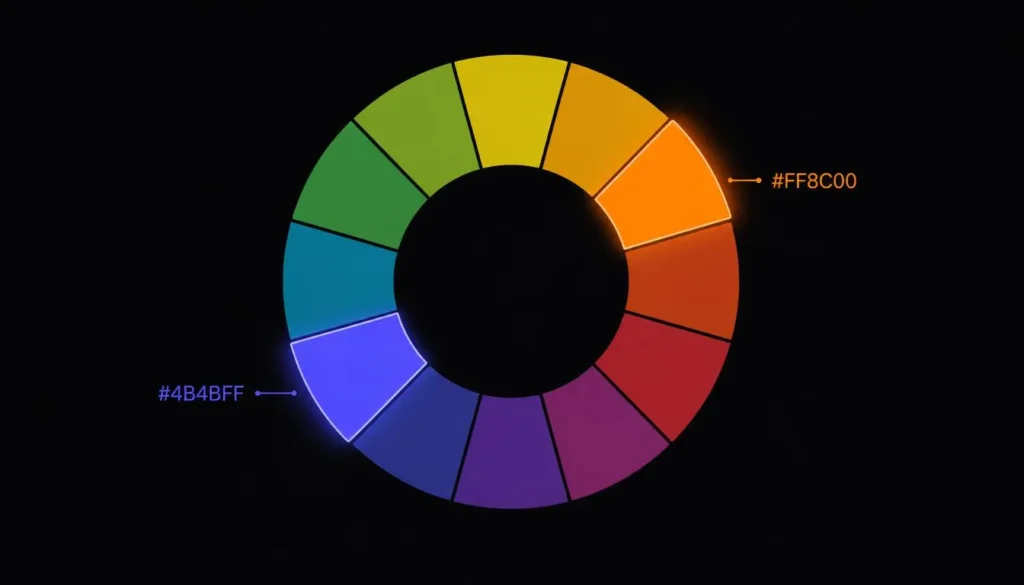 Color wheel diagram showing complementary orange and purple tones used in a Halloween color palette