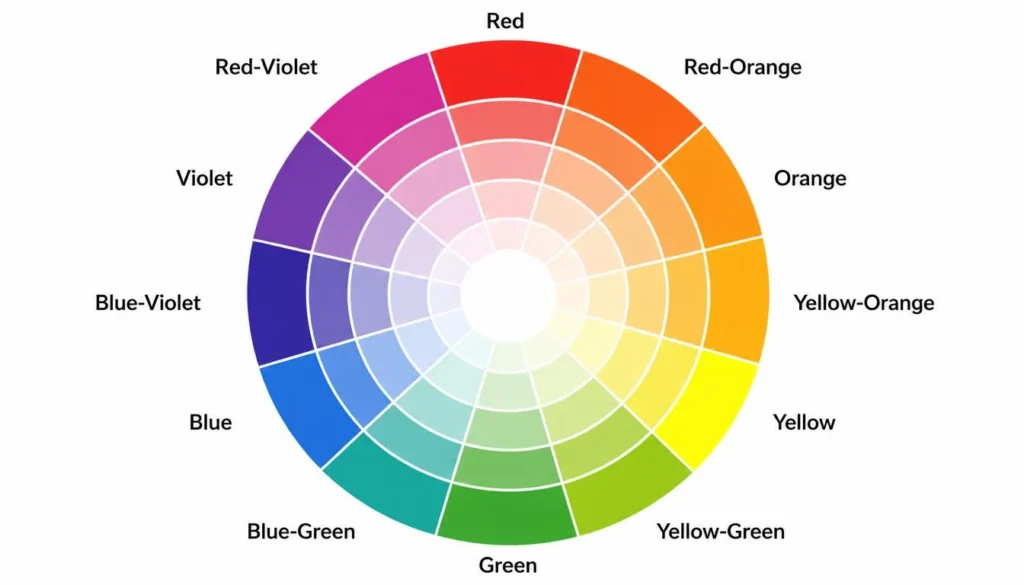 Color wheel diagram showing saturated hues transitioning into pastel tints toward the center