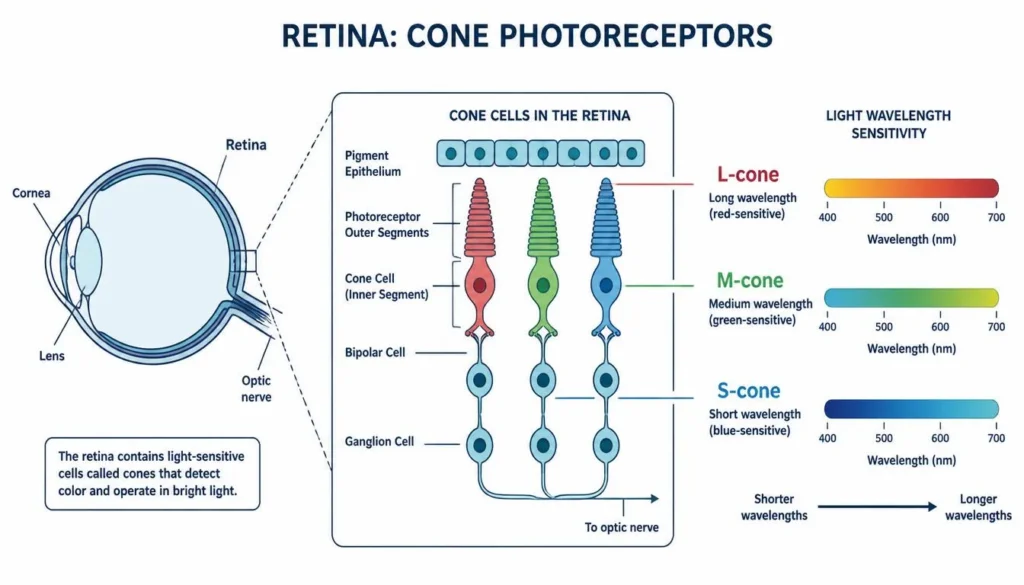 Diagram of L-cone, M-cone, and S-cone cells responsible for color vision