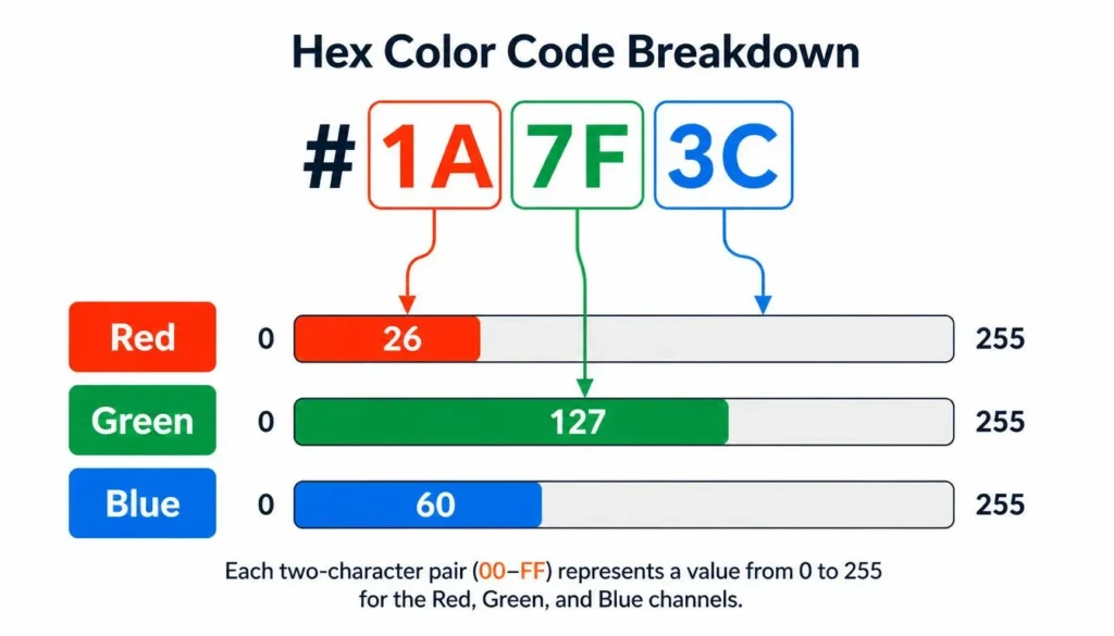 Diagram showing how a hex triplet splits into red, green, and blue RGB channel values