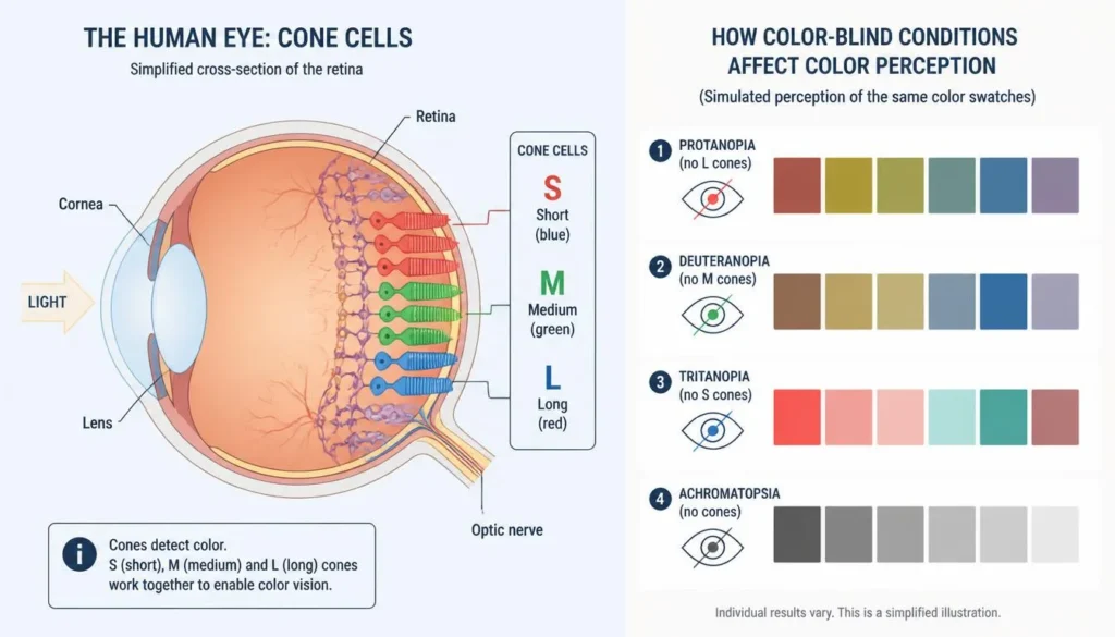 Eye cone cell diagram with CVD types