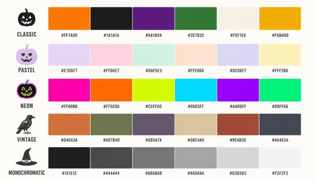 Five Halloween color palette variations including pastel, neon, and vintage hex code combinations