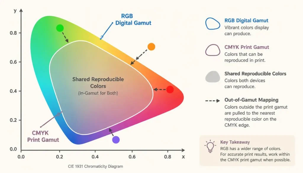 CMYK to RGB Converter: Fix Print Colors for Screens 4 Infographic illustrating gamut mapping between the CMYK print color gamut and the RGB digital color gamut