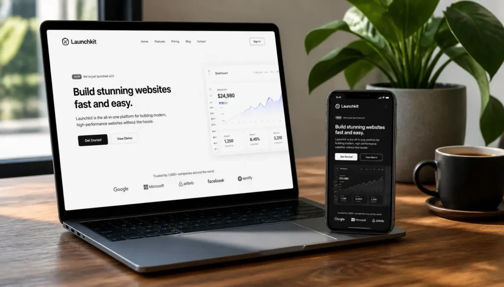 Light and dark mode website UI shown on screens