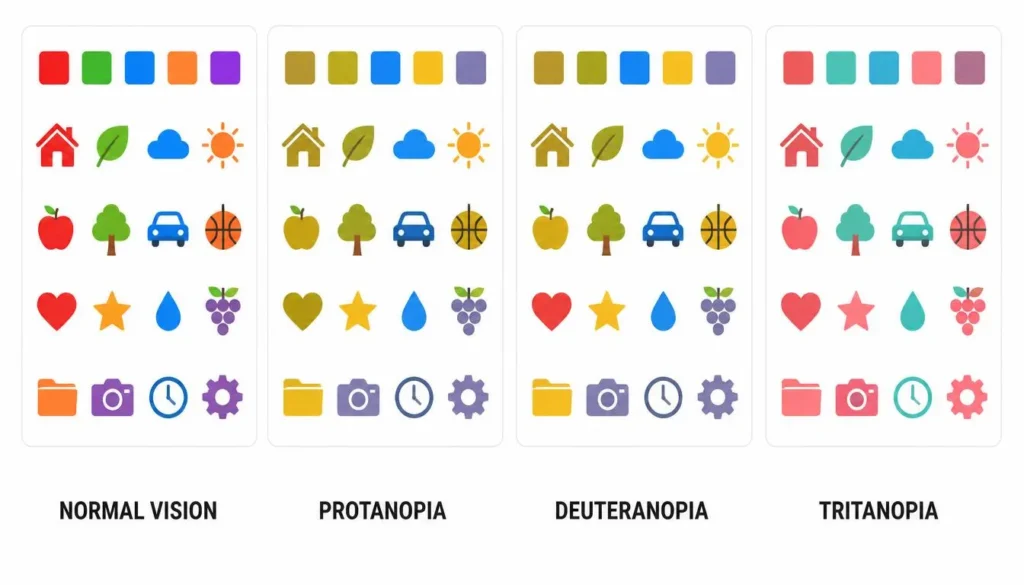 Side-by-side comparison of colors as seen with protanopia, deuteranopia, and tritanopia
