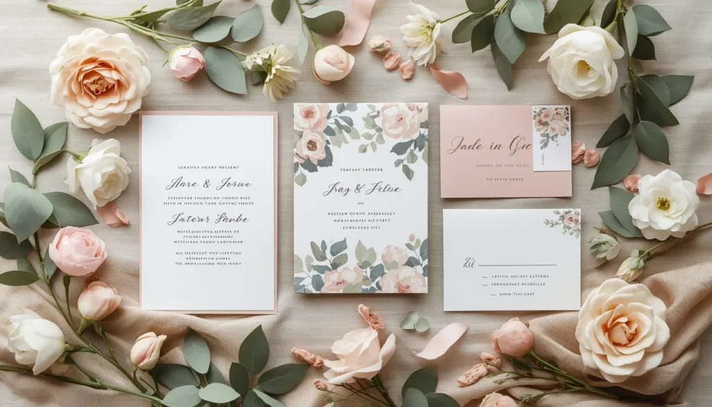 Spring wedding stationery and florals styled in a blush, sage, and buttercream pastel color palette