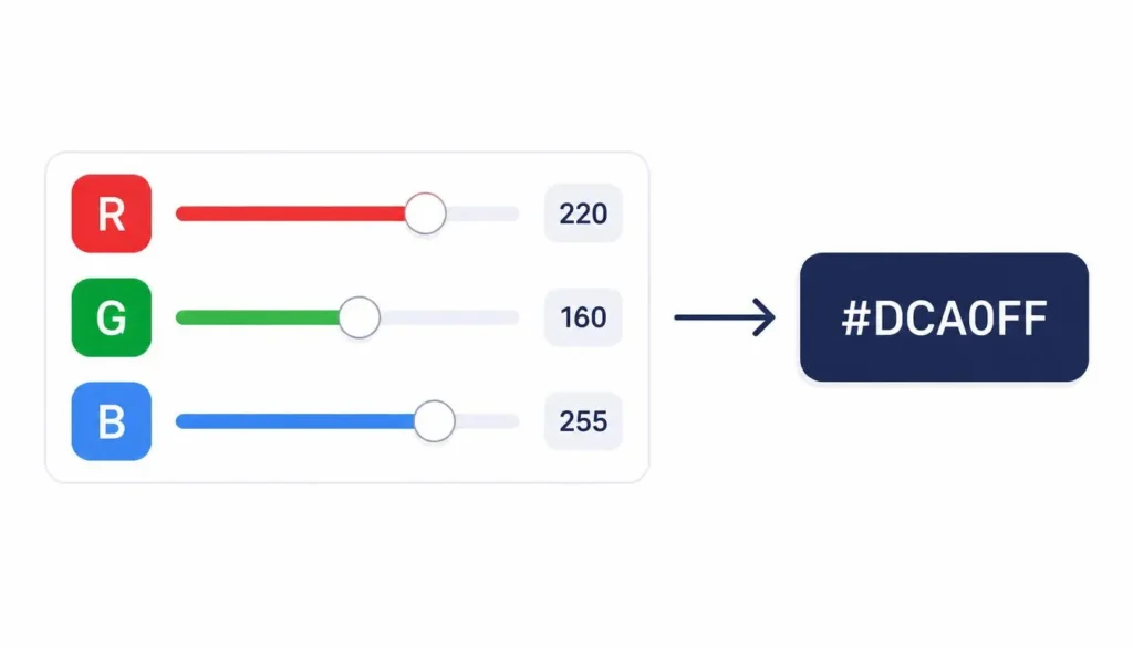RGB to HEX color conversion chart showing RGB sliders and a matching hexadecimal code
