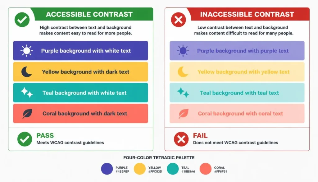 Tetradic Color Scheme Generator: Build 4-Color Palettes 5 Accessible tetradic color palette example showing sufficient contrast ratios for text on four background colors