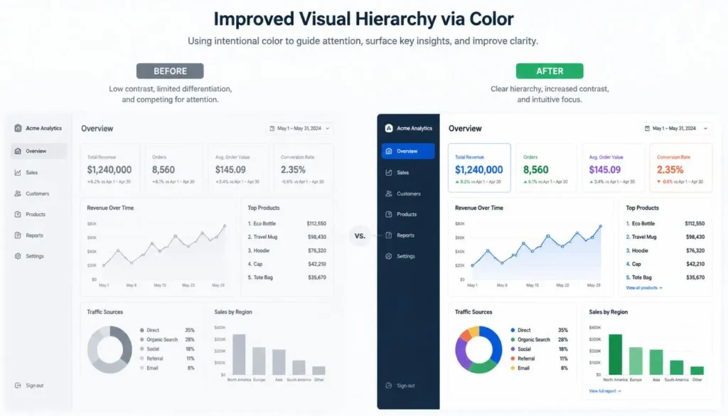 Before and after UI dashboard example showing visual hierarchy improved with color psychology