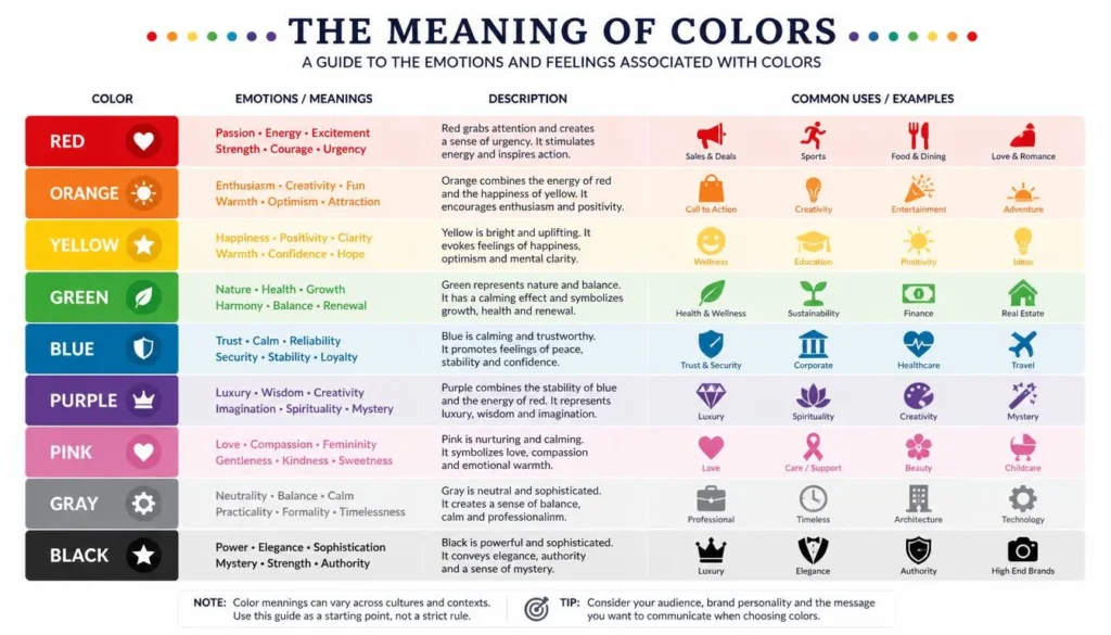 Color emotion meaning chart for UX design showing red, blue, green, and yellow associations