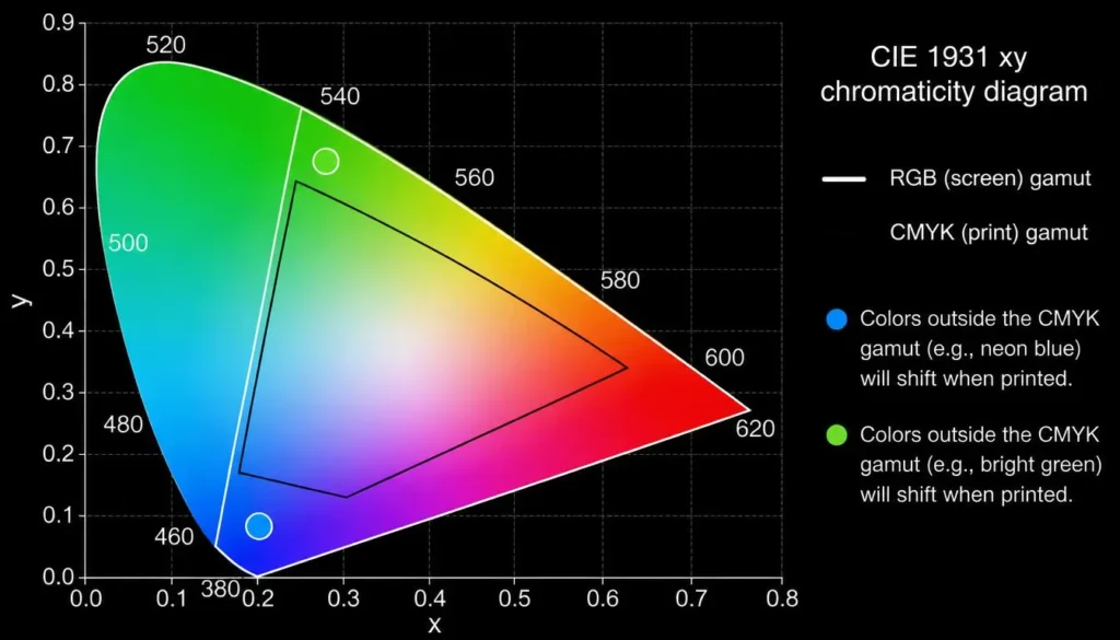 Color gamut comparison chart showing RGB screen colors versus the smaller CMYK print gamut
