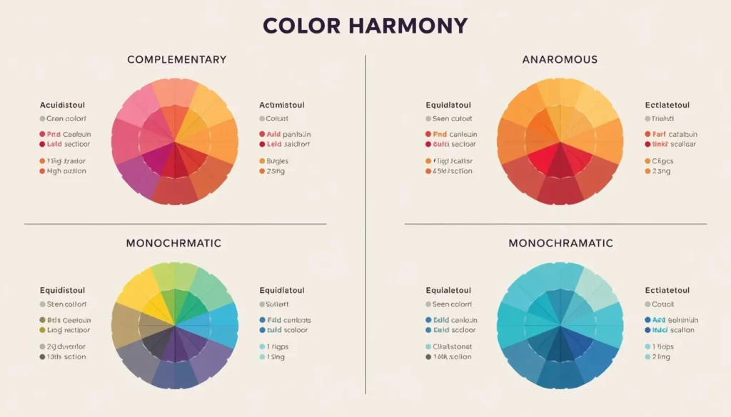 Color harmony models diagram showing complementary, analogous, triadic, and monochromatic schemes