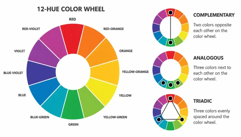 Color wheel diagram showing complementary, analogous, and triadic color harmony relationships