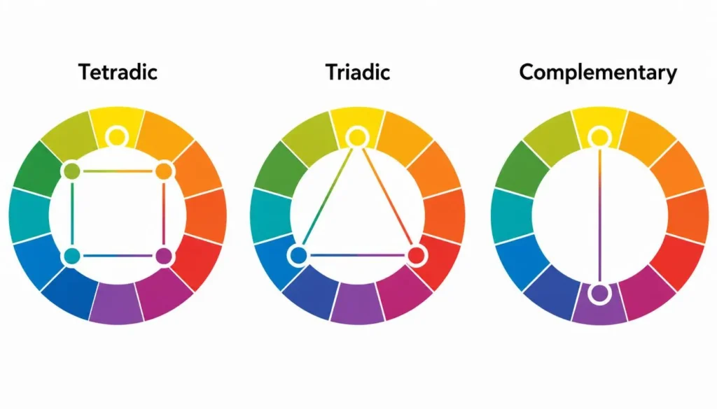 Tetradic Color Scheme Generator: Build 4-Color Palettes 3 Comparison diagram of tetradic, triadic, and complementary color scheme patterns on a color wheel