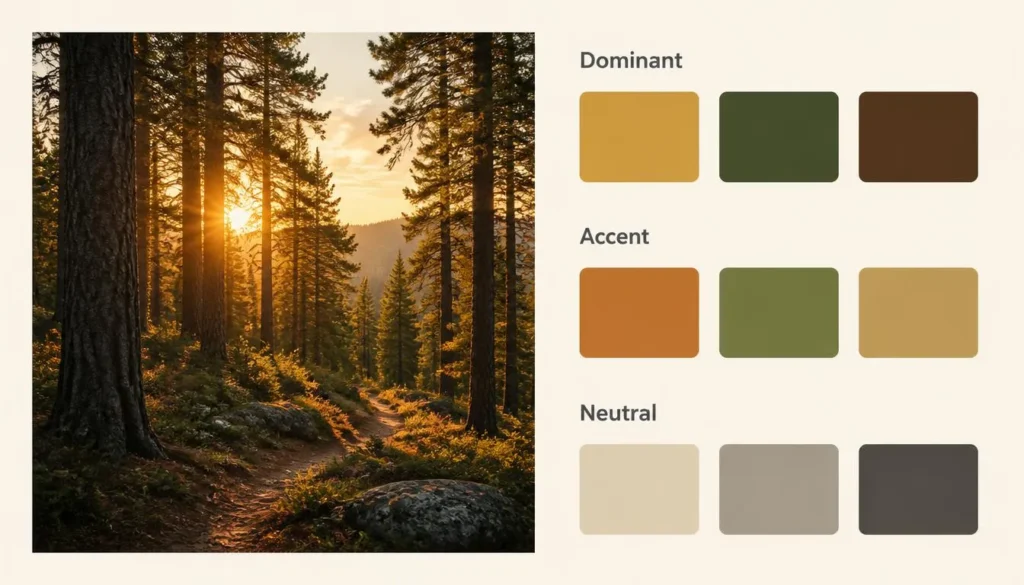 Comparison graphic labeling dominant, accent, and neutral colors extracted from a forest photograph