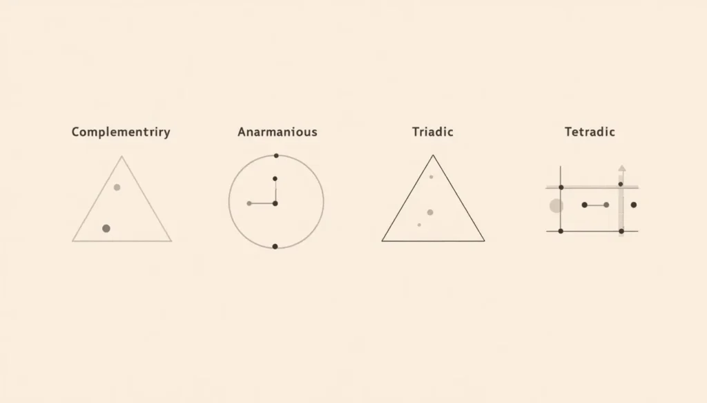 Color Match: Find the Perfect Color for Any Hex Code 3 Diagram comparing complementary, analogous, triadic, and tetradic color harmony types