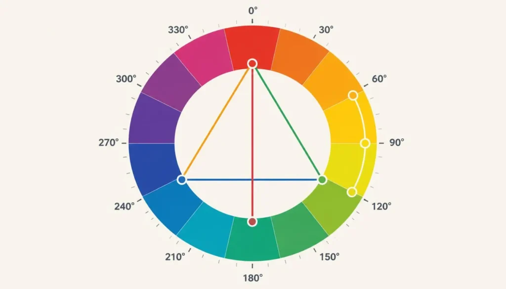 Diagram of complementary, triadic, and analogous hue relationships on a 360-degree color wheel