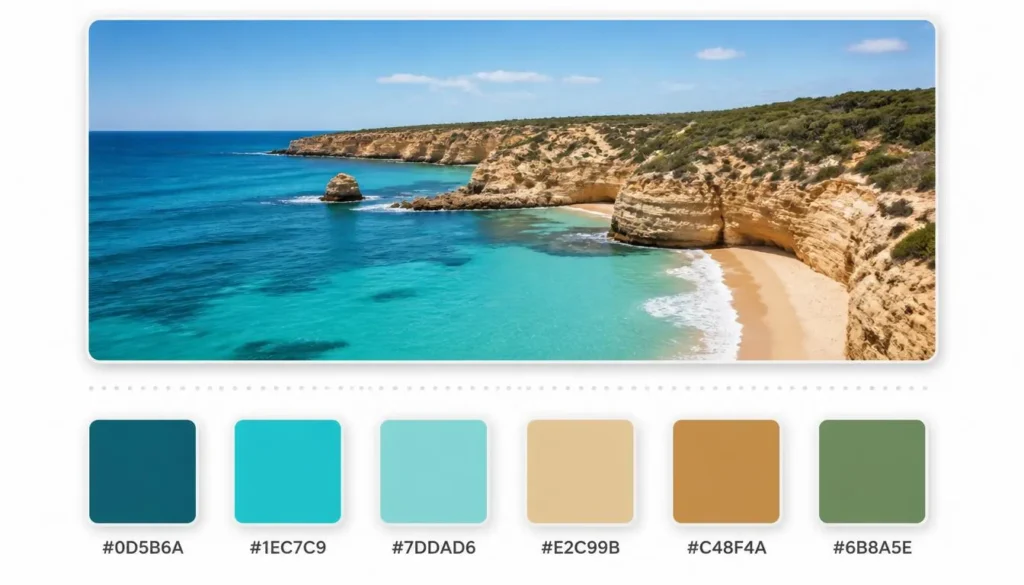 Diagram showing a coastal photograph broken down into six labeled HEX color swatches