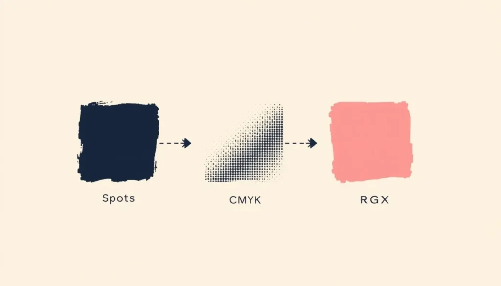 Diagram showing how spot color, CMYK, and RGB hex systems differ when matching a Pantone color