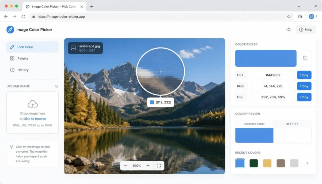 Online image color picker tool showing HEX and RGB values
