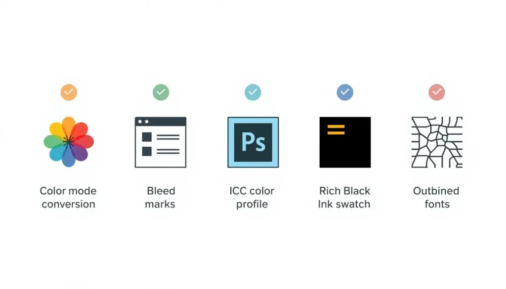 Pre-press checklist icons for converting a design file from RGB to CMYK before printing