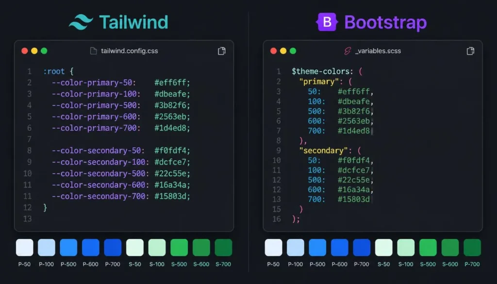 Side-by-side comparison of Tailwind CSS v4 theme code and Bootstrap 5.3 SCSS variables
