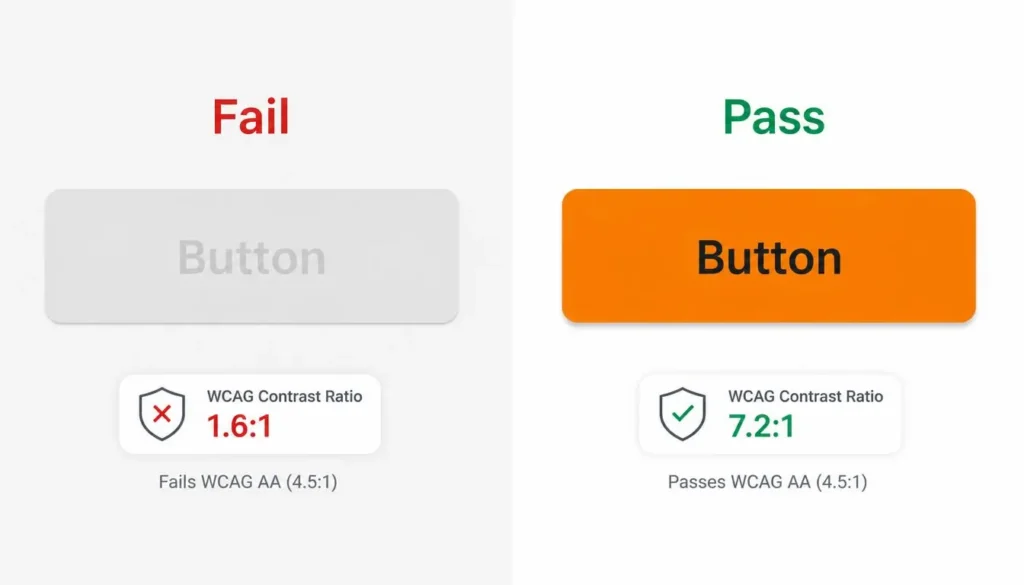 Side-by-side example of accessible versus inaccessible color contrast for a website button