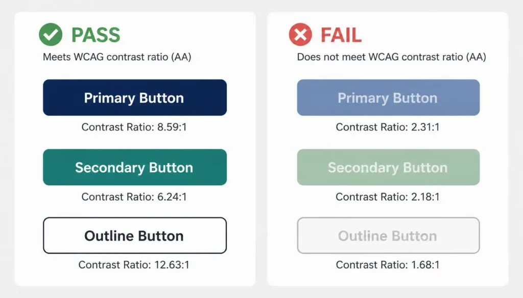 WCAG contrast ratio example comparing accessible and inaccessible button color pairs