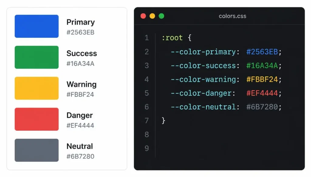 Website color palette converted into CSS custom properties for developer handoff