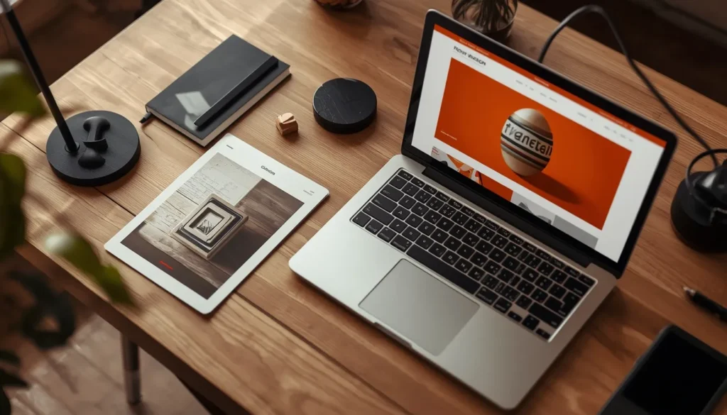Website mockup on a laptop styled with a color palette extracted from a nearby product photograph