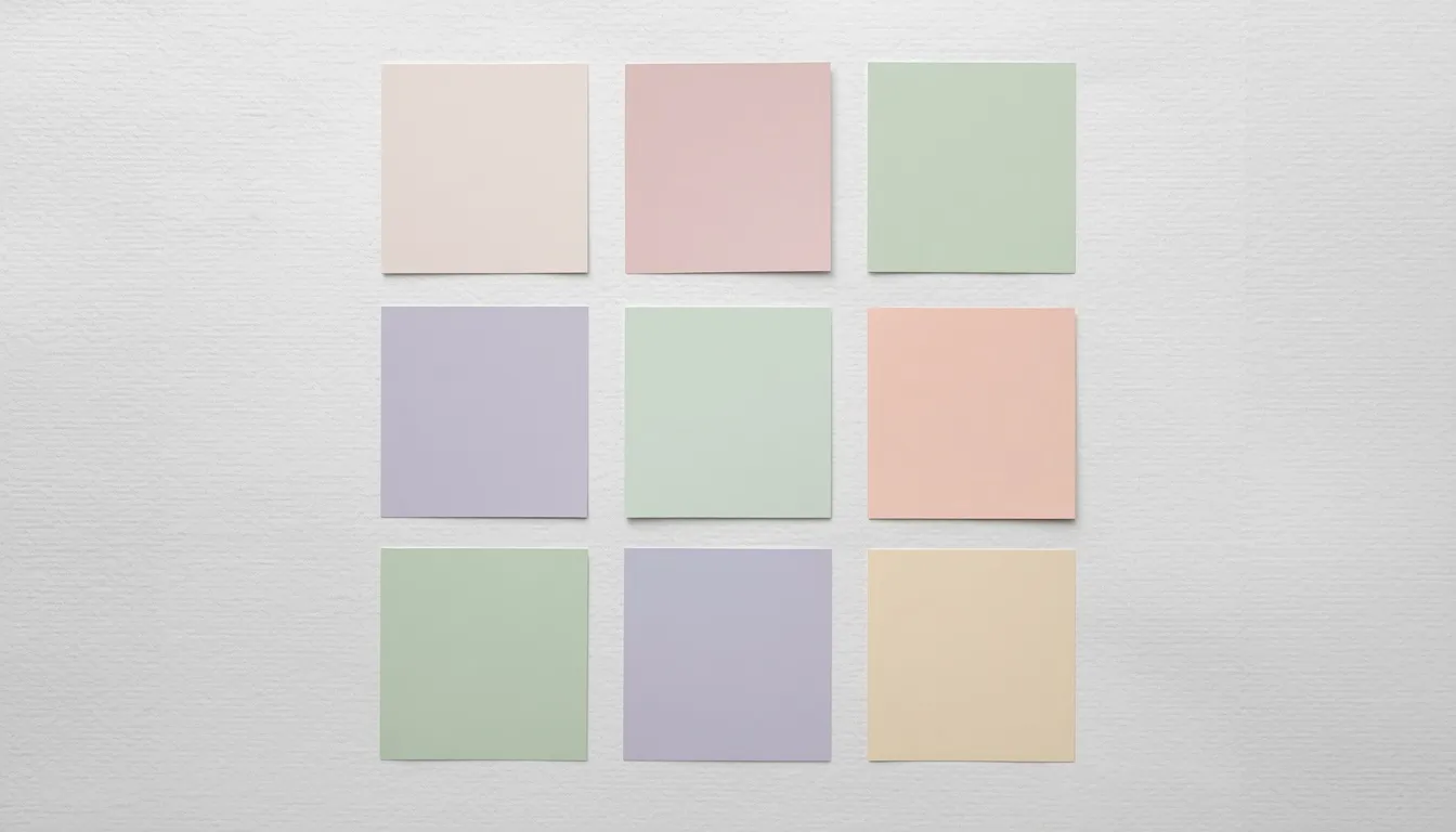 Flat lay of pastel color palette swatches in blush pink, lavender, mint, and cream