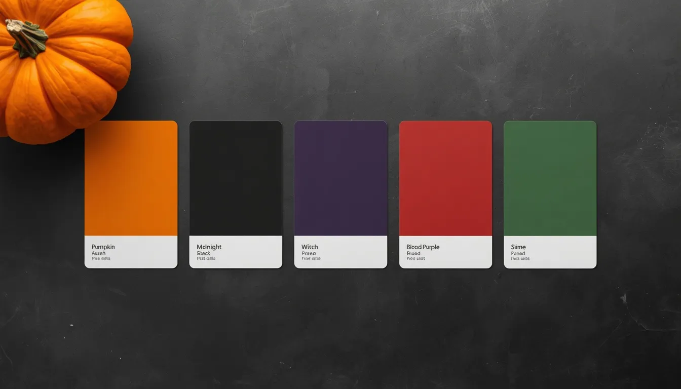 Halloween color palette featuring pumpkin orange, midnight black, and witch purple hex swatches
