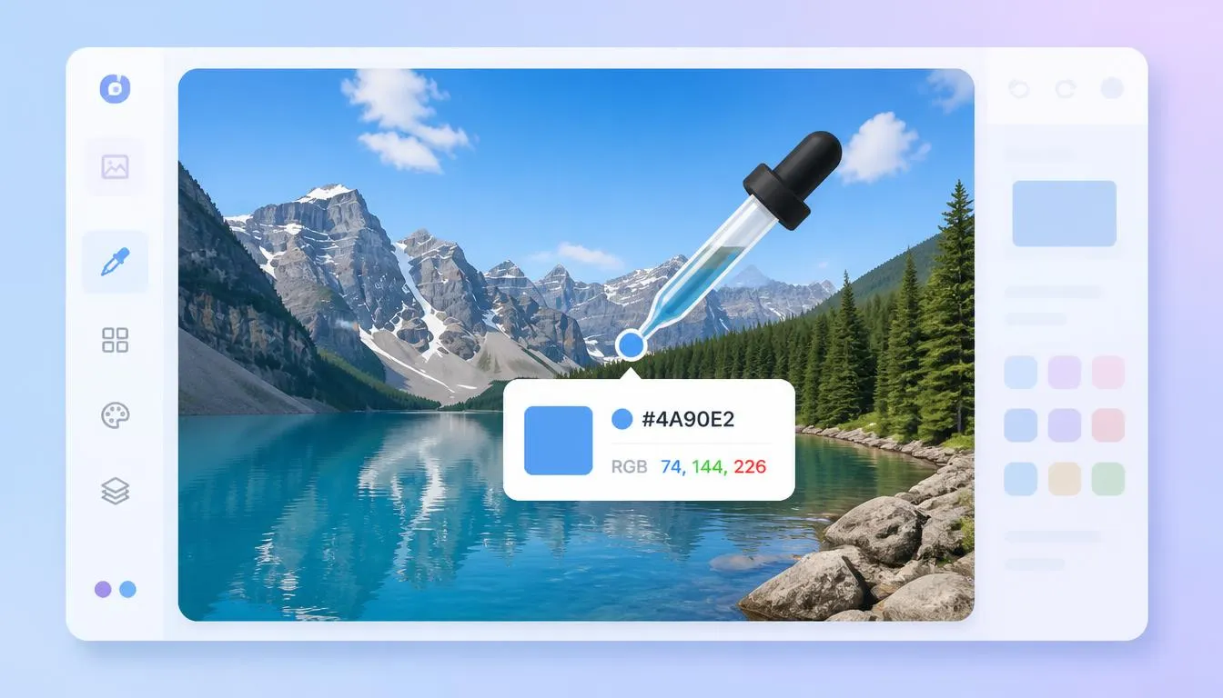 Image color picker tool displaying an eyedropper finding a hex code from a digital photograph