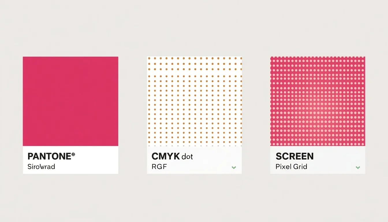 Comparison of Pantone spot ink, CMYK print, and RGB screen color systems for a Pantone color finder