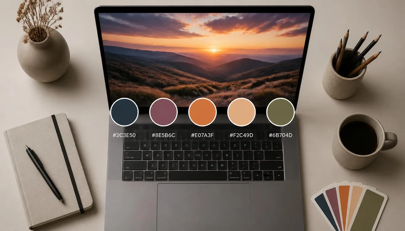 Laptop screen showing a landscape photo with an extracted color palette of five HEX-coded swatches below it