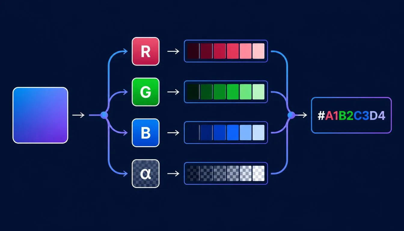 RGBA to HEX converter illustration showing red, green, blue, and alpha channels combining into an 8-digit hex code